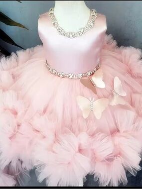 Pink Tulle Butterfly Party Dress with Rhinestone Trim